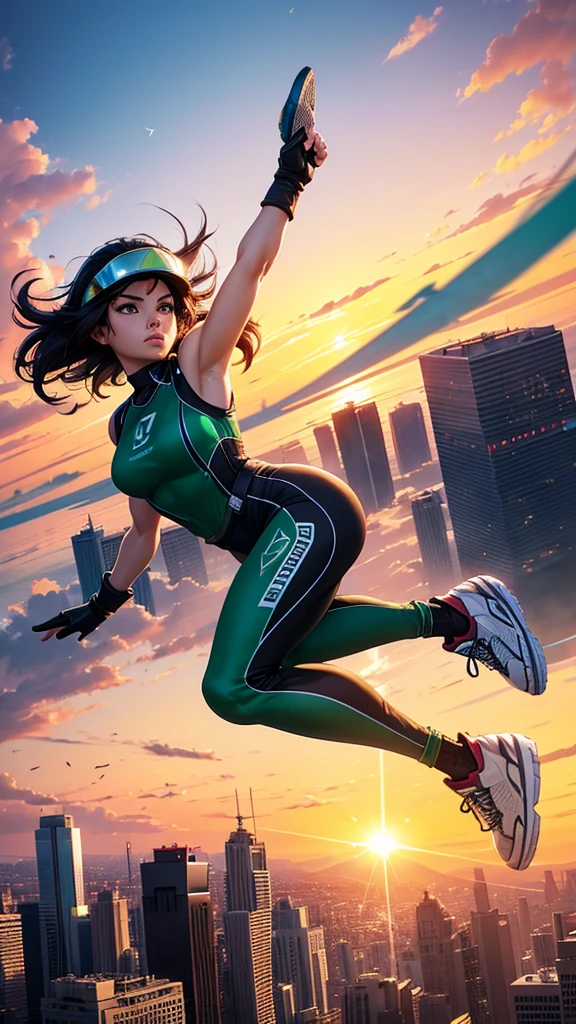 A City with a beautiful sunset with a Wonderful Beautiful Adult Woman with black hair and green eyes and wearing Sneakers, Aerodynamic Jumpsuit, Helmet with visor Gloves with protective pads, jewelry and elbow pads, Short Cover and Logo and Emblem with the Power to fly in just 75% levitation