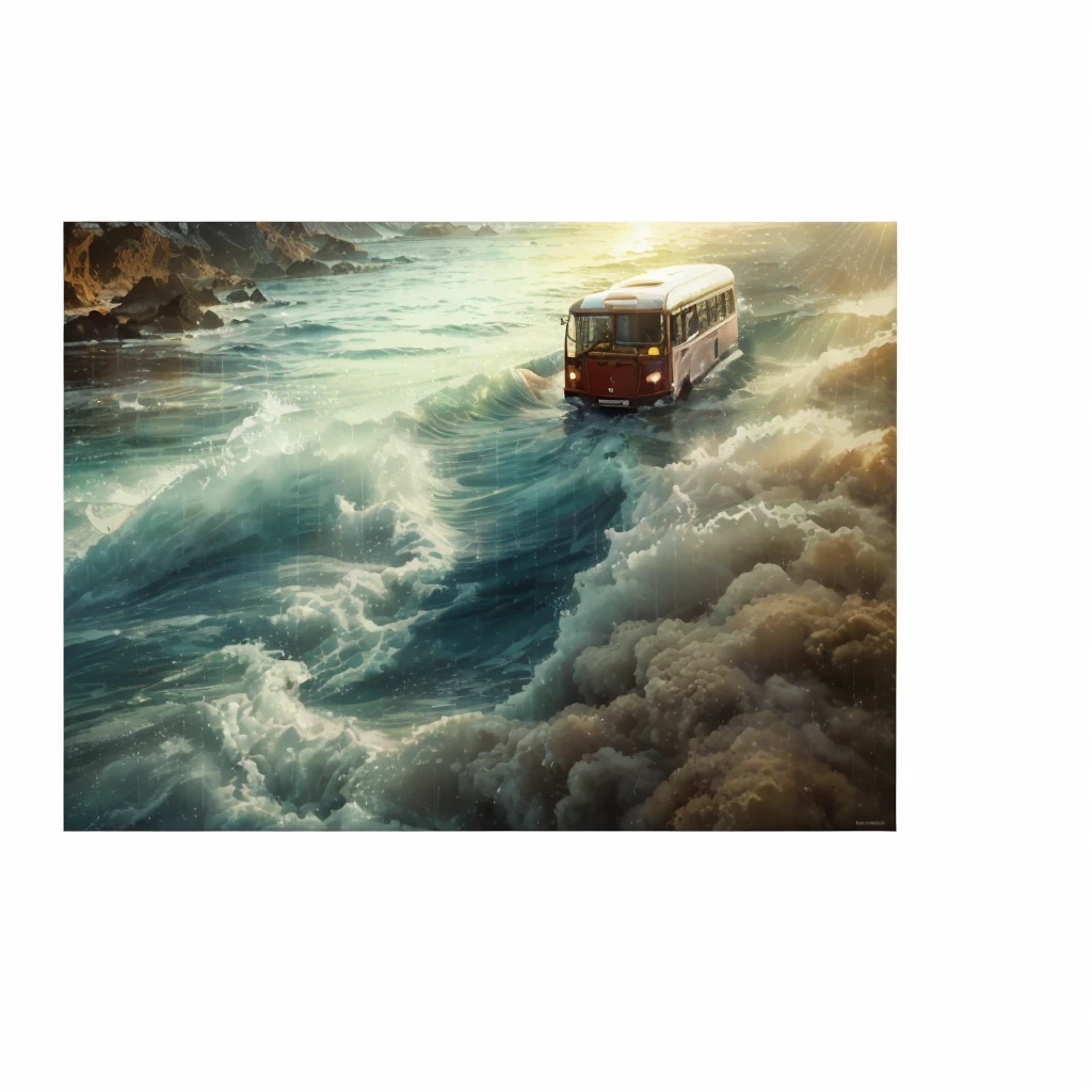 Bus covered in water due to a tsunami. Photorealism, full view, highly detailed image, very realistic, hyperrealism, Ultra HD, 8k, 5, sharp focus, intricate and mysterious masterpiece. (Long exposure photography Highly detailed close-up portrait art illustration: final quality, medium shot, backlit, Rich and eye-catching. Enigmatic and mysterious manipulations (composition of the rule of thirds), ((detailed environment with strong lines) The best quality, in camera, white light, warm and clean aesthetics, dazzling screen composed of millions of brilliant ultraviolet rays, HDR.