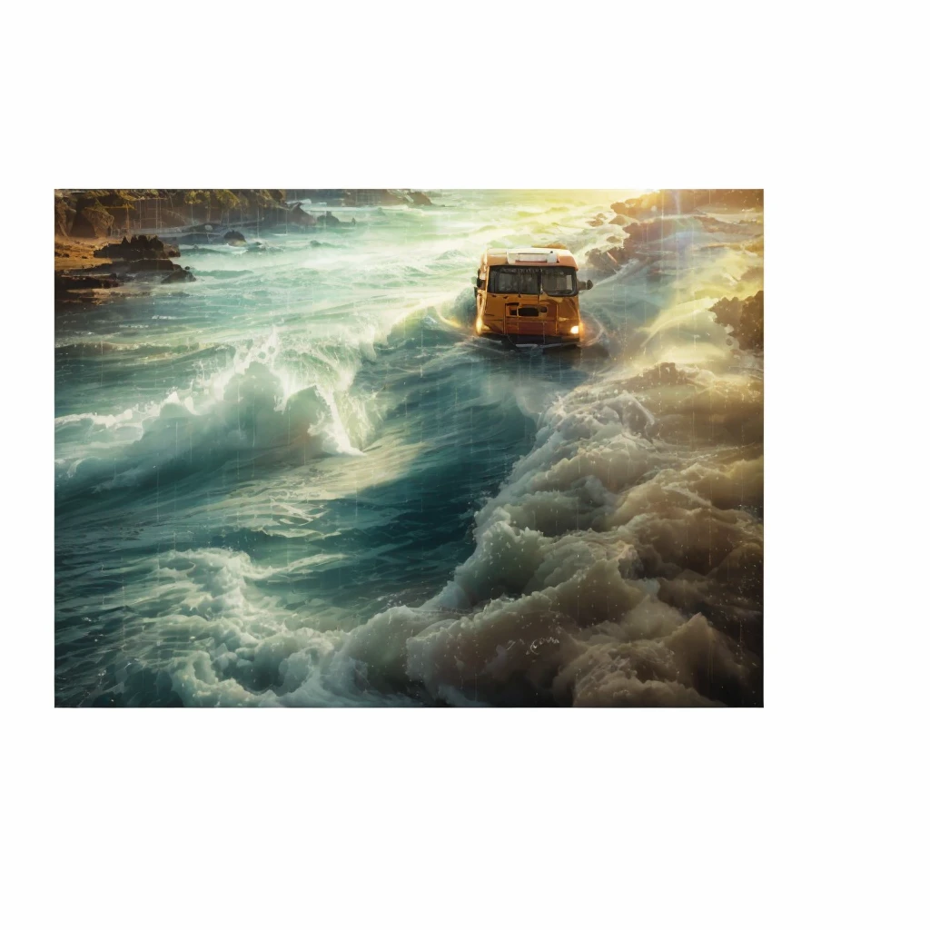 Bus covered in water due to a tsunami. Photorealism, full view, highly detailed image, very realistic, hyperrealism, Ultra HD, 8k, 5, sharp focus, intricate and mysterious masterpiece. (Long exposure photography Highly detailed close-up portrait art illustration: final quality, medium shot, backlit, Rich and eye-catching. Enigmatic and mysterious manipulations (composition of the rule of thirds), ((detailed environment with strong lines) The best quality, in camera, white light, warm and clean aesthetics, dazzling screen composed of millions of brilliant ultraviolet rays, HDR.