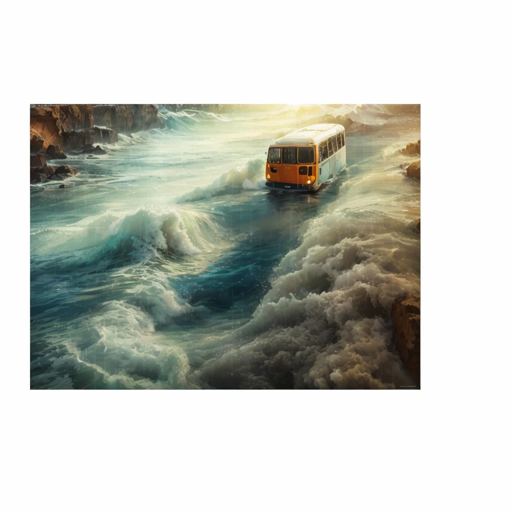 Bus covered in water due to a tsunami. Photorealism, full view, highly detailed image, very realistic, hyperrealism, Ultra HD, 8k, 5, sharp focus, intricate and mysterious masterpiece. (Long exposure photography Highly detailed close-up portrait art illustration: final quality, medium shot, backlit, Rich and eye-catching. Enigmatic and mysterious manipulations (composition of the rule of thirds), ((detailed environment with strong lines) The best quality, in camera, white light, warm and clean aesthetics, dazzling screen composed of millions of brilliant ultraviolet rays, HDR.
