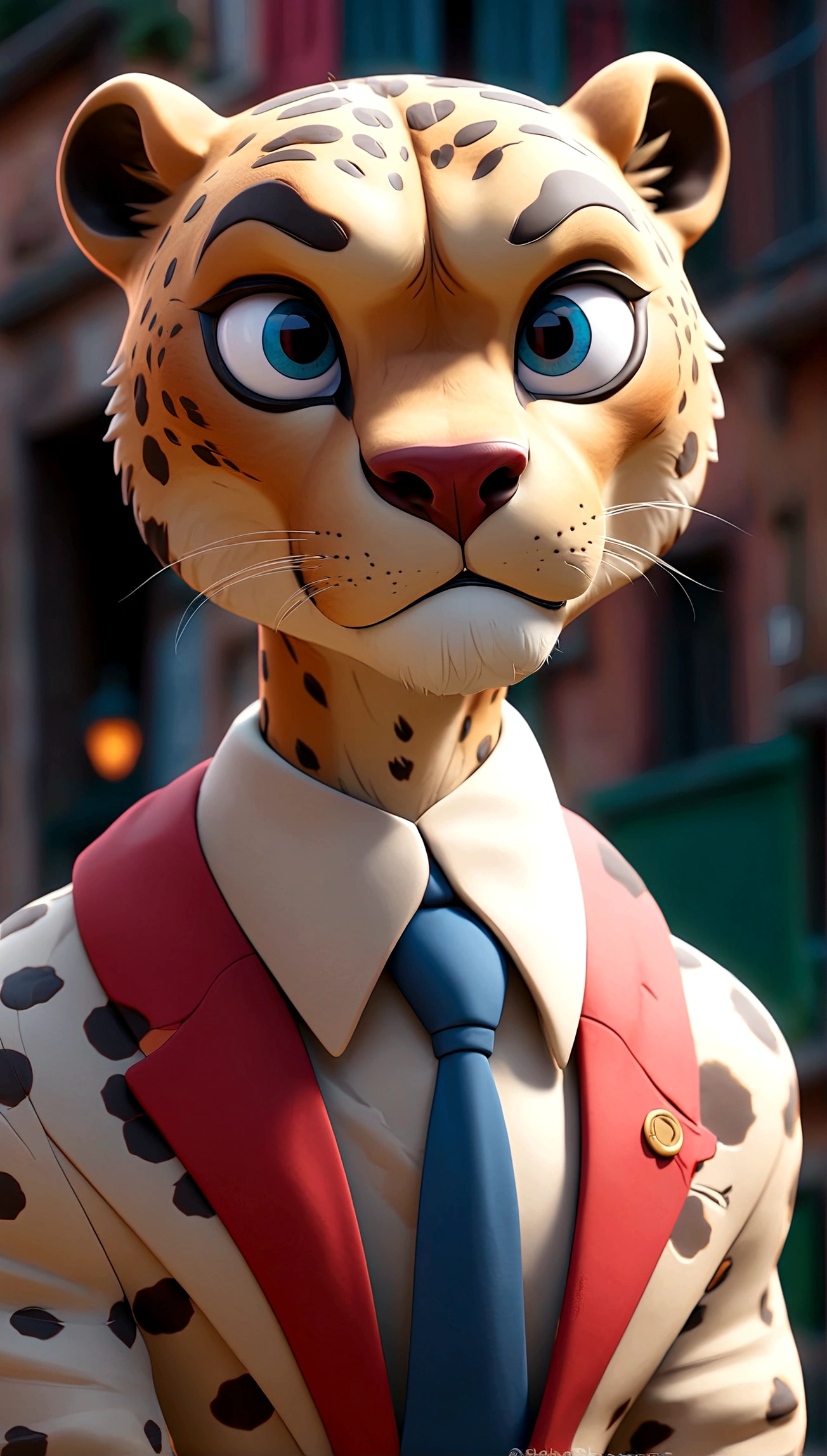 3D anime style, A cheetah man in a white jacket, blue eyes, Red tie, Standing in an Italian town