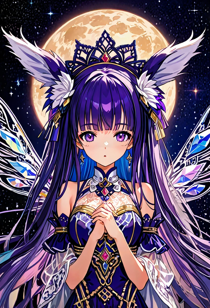 (Anime Style:1.3), Rembrandt Lighting, (masterpiece:1.2), (beautiful:1.2), (Highest quality), (Fine skin:1.3), (Intricate details), 1 Female, Late teens,  beauty, Fantasy, Face Focus, Her eyes are deep purple, like stars shining in the night sky., Long starry sky patterned hair, hair is shining, Fluffy white feather ears,  wings with a moon pattern on their back
