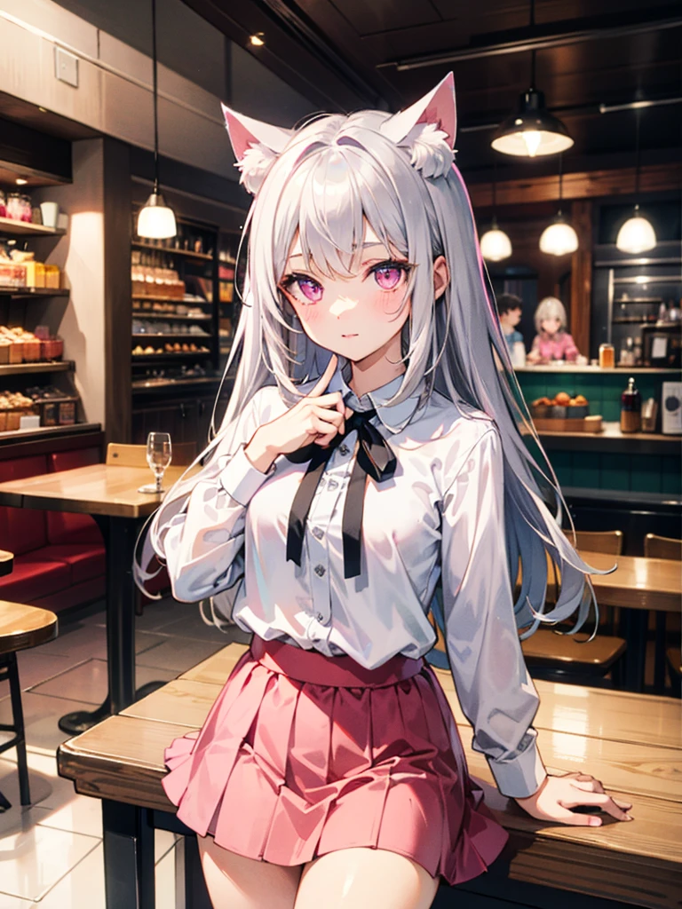 Highly detailed face,fine grain,Sparkling eyes,Highlighted eyes,Medium chest,pretty girl, Longing eyes,Cat ear, Beautiful silver hair,Pink inside,Beautiful pink eyes,Oversized shirt,skirt,Cafe