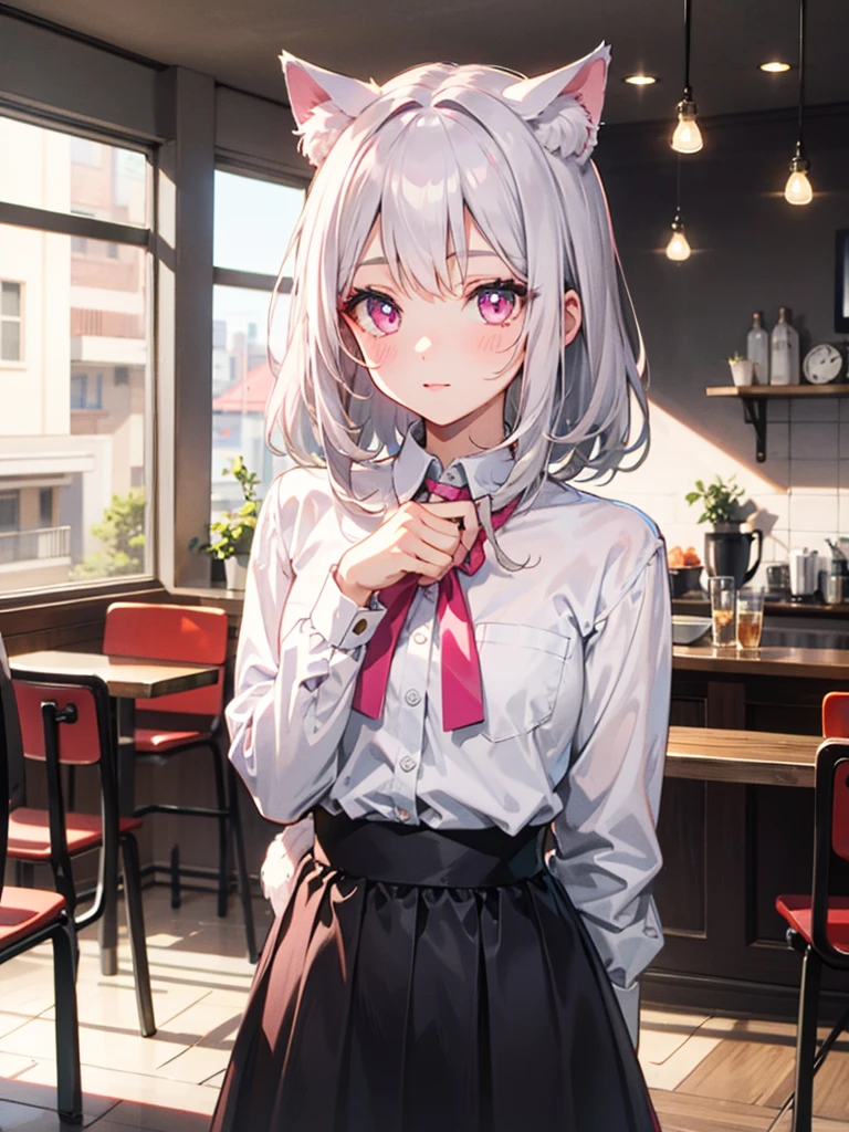 Highly detailed face,fine grain,Sparkling eyes,Highlighted eyes,Medium chest,pretty girl, Longing eyes,Cat ear, Beautiful silver hair,Pink inside,Beautiful pink eyes,Oversized shirt,skirt,Cafe
