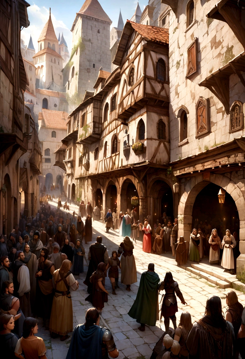 (best quality:1.2), (Realistic:1.5) medieval fantasy city street, byzantine inspired architecture, crowded