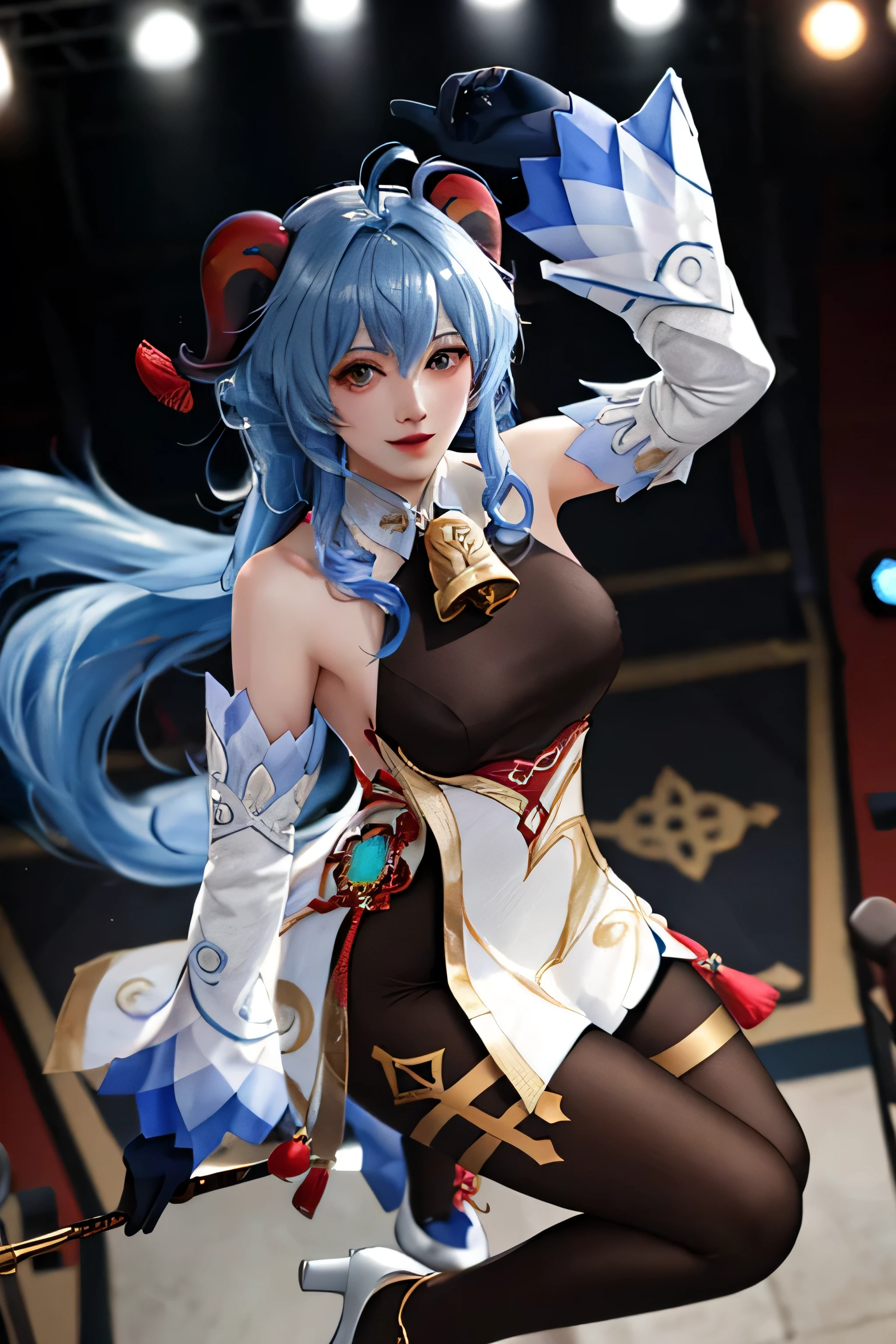 High resolution,Absurd,masterpiece,highest quality,original,Highly detailed CG,Highly detailed wallpaper,Perfect lighting,(Take to the stage),View Viewer,One girl,Blurred Background,bare hands,From above,
ganyu Cosplay costume,Cosplay,Blue Hair,Long Hair,horn,bangs,Ahoge,Side Lock,tight,Black bodysuit,Body stockings,Removable sleeves,gloves,Neck bell,Chinese knot,Tassel,White high heels,