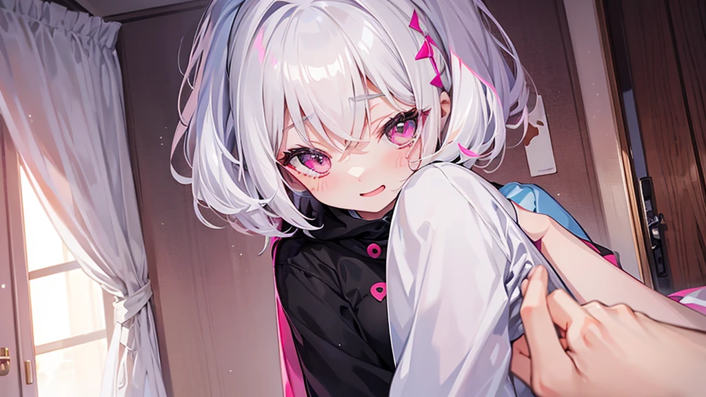 White Hair Girl、Pink Eyes、Short Hair、Only one girl、Night、In the bedroom、Blushing、laughing、Excited、Just One