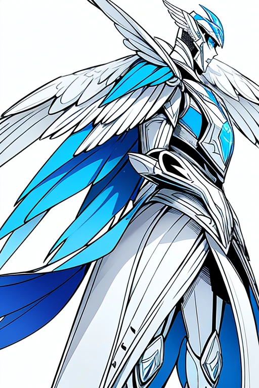 His costume design color is metallic blue with White and silver accents. He has one White helmet with silver wings on the sides. He has wings with propellands in his costume design. he has one armor that protect him Illustration