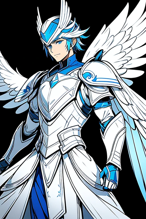 His costume design color is metallic blue with White and silver accents. He has one White helmet with silver wings on the sides. He has wings with propellands in his costume design. he has one armor that protect him Illustration