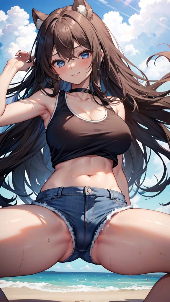 (8K、Highest quality、Highest quality、masterpiece)、Detailed face、One Girl、Spread legs、Spread Legs、(Brown Skin:1.2)、White and Long Hair、Blue Eyes、Sweat、Grin、(Black tank top、Denim hot shorts、Mini Shorts、Cameltoe)、Cameltoe、Beach、cloud、pussy line、between labia, partially visible vulva
belly button、Big Breasts、