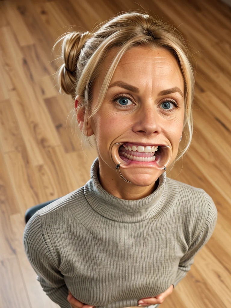 photo of a skinny very old wrinkly-faced faced mature blonde messy long hair thrown into a messy bun ponytail. She wears: (turtleneck soft high ribbed dark red super tight sweater:1.1), submissive seductive pose, high tight ribbed neck, seductive smile, perfect fake tits, horny eager granny, teasing sexy old lady, mouth retractor gag