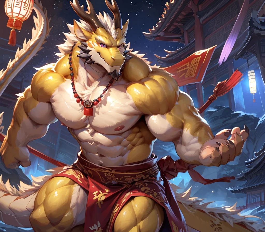 absurdres, ((best quality)), ((masterpiece)), (ultra detailed),perfect face,antro oriental dragon:2.5, male , (((chinese dragon))):2.5, (((eastern dragon))):2.5,(yellow body), (strong beefy muscular body), (abs, strongmuscles, 8 pack), furry, handsome,Beautiful and delicate eyes, (ultra detailed eyes, mauve color eyes, sharp eyes), night, traditional, detailed scene,full body, (traditional chinese attire),hanfu, shirtless, topless, pink nipples, (by null-ghost, by pino daeni), (full body), wearing random pattern necklace, claws, ((fluffy fur, fluffy, furry body)), (a pair of dragon antler), upper body naked