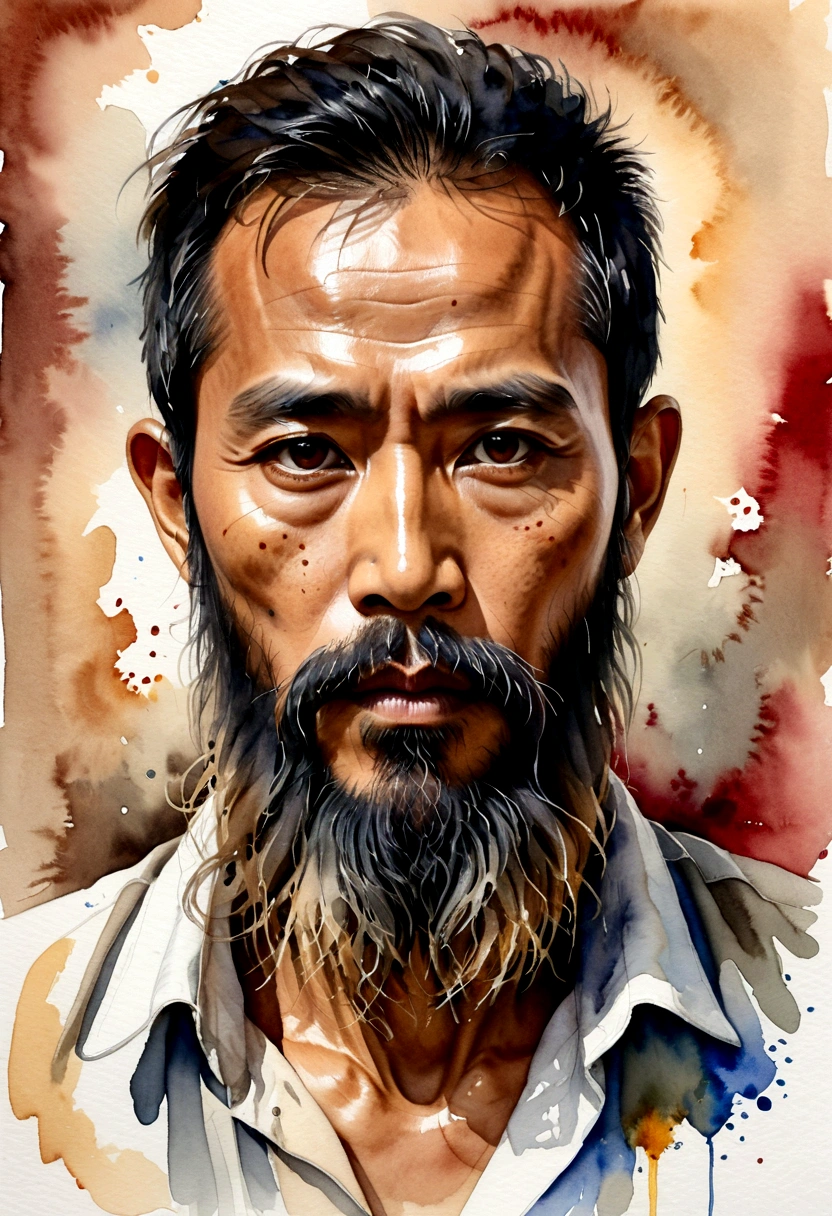 Watercolor image of a Thai man's face with a long, messy beard and narrow eyes.