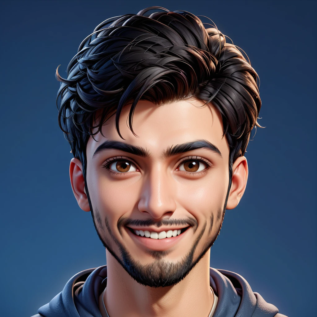 Create a cartoonish caricature 3D animation of a big-headed. a 25 years old Pakistani man. She has short black pixie cut hair. His face is oval with smooth lines, thick and neat black eyebrows, normal eyes, a small, sharp nose, and thin lips with a wide, friendly smile. He wore a dark hoodie with blue jeans. Gradient blue background. masterpiece, top quality, highly detailed skin and face, ultra-realistic, high definition, sharp focus, Concept Art. wide angle medium portrait