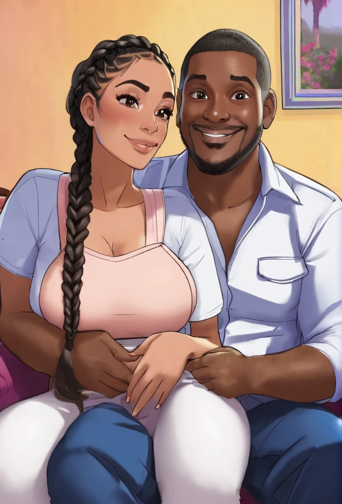 Latina squishy belly wife, Haitian husband. Heart eyes. Sitting on his lap. French braids