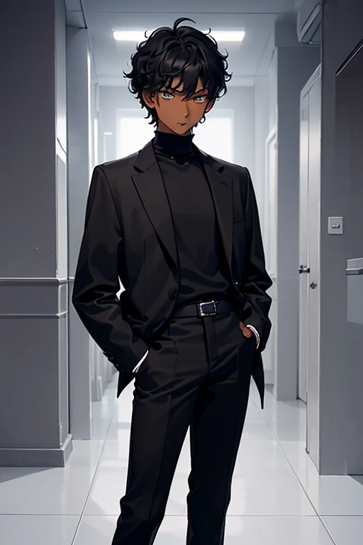 (Boy alone),(1Boy),(a 16-year-old ager),(average physical height of a 16-year-old teen),(height 1.80),(young man),(Short black curly hair),(dark skin clay5:1.5),(Dressing),+,(stylish black pants and a stylish black jacket)