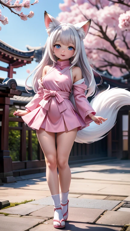 Best quality, hyper-high detail, very high res, Extremely detailed CG, Realism，absurd res，fox ear，Huge colorful fox tail， D cup breasts 8K,Colorful, A 20-year-old nine-tailed fox girl,japanaese girl，Light turtleneck shirt，Detailed clothing patterns，tiese，(full body:1.3),Solo,chubby  body shape,(long leges:1.3)， Faraway view，high-heels，(Blue eyes), (white  hair to shoulders), Extremely long white diamond hair floating, blueribbon, Beautiful eyes,(Pink clothes:1.3),Wet clothes, Short pink skirt, detailed and beatiful face and eyes, ((Shiny skin)),white wavy hair, (detailed and beautiful shiny clothes, Temple，holy rays，japan temple，the cherry trees，Cherry blossoms flying，(dynamicposes:1.3)，low perspective，