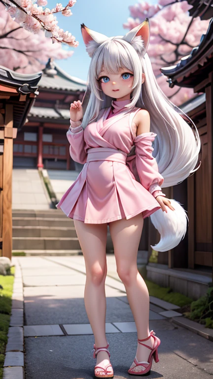 Best quality, hyper-high detail, very high res, Extremely detailed CG, Realism，absurd res，fox ear，Huge colorful fox tail， D cup breasts 8K,Colorful, A 20-year-old nine-tailed fox girl,japanaese girl，Light turtleneck shirt，Detailed clothing patterns，tiese，(full body:1.3),Solo,chubby  body shape,(long leges:1.3)， Faraway view，high-heels，(Blue eyes), (white  hair to shoulders), Extremely long white diamond hair floating, blueribbon, Beautiful eyes,(Pink clothes:1.3),Wet clothes, Short pink skirt, detailed and beatiful face and eyes, ((Shiny skin)),white wavy hair, (detailed and beautiful shiny clothes, Temple，holy rays，japan temple，the cherry trees，Cherry blossoms flying，(dynamicposes:1.3)，low perspective，