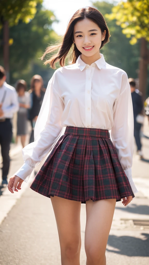 Tartan check micro mini skirt、Burberry style、Oversized shirt、adult、Summer clothes、Low-rise skirt、Summer sunshine、Beautiful pubic bone、Highest quality、Realistic photos、Gravure photoshoot、Professional Lighting、smile、Droopy eyes、Egg-shaped outline、8Head to Body、Belly button、Beautiful pelvis