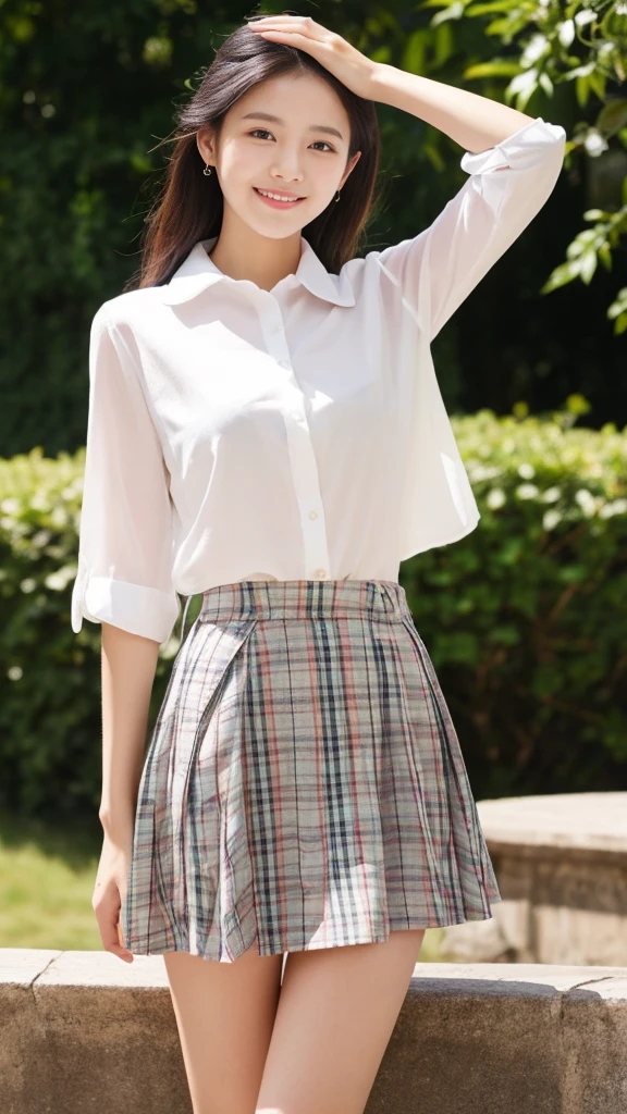 Tartan check micro mini skirt、Burberry style、Oversized shirt、adult、Summer clothes、Low-rise skirt、Summer sunshine、Beautiful pubic bone、Highest quality、Realistic photos、Gravure photoshoot、Professional Lighting、smile、Droopy eyes、Egg-shaped outline、8Head to Body、Belly button、Beautiful pelvis