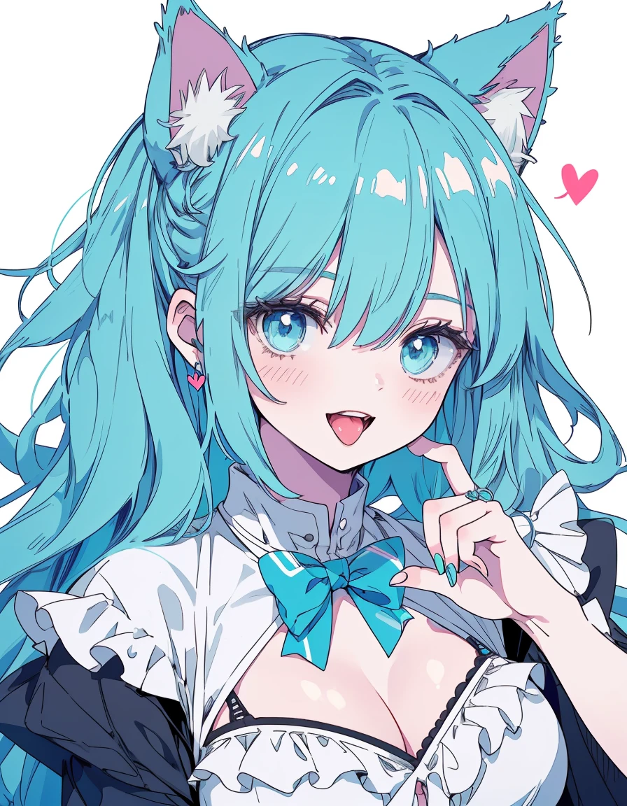 frill bikini, open mouth, tongue out, smile, heart, ((masterpiece, best quality:1.5)), ((Beautiful detailed cat aqua eyes:1.2)), cat ears, pale skin, large breasts, beautiful hands, beautiful fingers, EasyNegative