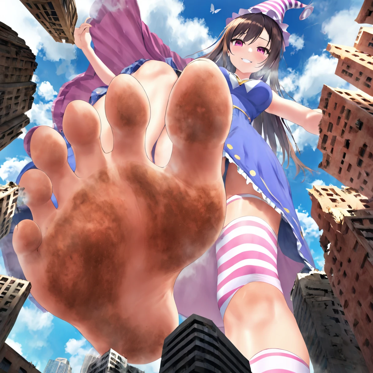 masterpiece, best quality, extreme detailed, absurdres,
a pov low angle view of a Teenager, 18, Massive Breasts, pink wizard hat, Blue plastic dress, pink white stripped thigh highs, smirks, feet, foot focus, butterflyPose, masterpiece, best quality, absurdres, highres, 4k, ray tracing, intricate details, highly detailed, (1girl:perfect face, cute, small breasts, long ginger hair, petite) stepping on the viewer with her barefoot, city under girl's foot, from below, soles, toes, looking down at viewer, low angle view, sky, cloud, giantess, jvdaniang, dirty feet soles, steam around feet, steam from feet, steaming feet, black hair, evil smile, , skyscraper, city,  dirty, ruins on feet soles, destruction, feet up, stepped on, stomping, one foot out of frame, foot focus, airplane under feet, standing on one leg, perspective, foreshortening, anime, solo, 