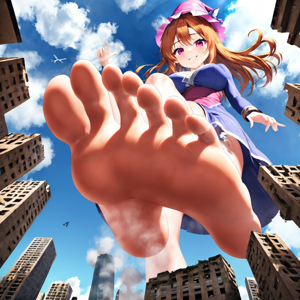 masterpiece, best quality, extreme detailed, absurdres,
a pov low angle view of a ager, 18, Massive Breasts, pink wizard hat, Blue plastic dress, pink white stripped thigh highs, smirks, feet, foot focus, butterflyPose, masterpiece, best quality, absurdres, highres, 4k, ray tracing, intricate details, highly detailed, (1girl:perfect face, cute, small breasts, long ginger hair, petite) stepping on the viewer with her barefoot, city under girl's foot, from below, soles, toes, looking down at viewer, low angle view, sky, cloud, giantess, jvdaniang, dirty feet soles, steam around feet, steam from feet, steaming feet, black hair, evil smile, , skyscraper, city, dirty, ruins on feet soles, destruction, feet up, stepped on, stomping, one foot out of frame, foot focus, airplane under feet, standing on one leg, perspective, foreshortening, anime, solo,