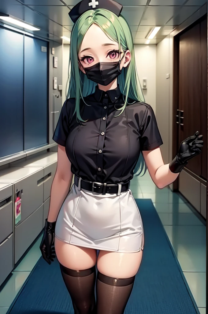 black nurse, 1woman, solo, black nurse cap, black nurse uniform, ((black legwear, zettai ryouiki)), black elbow gloves, forehead, long hair, green hair, pink eyes, ((black surgical mask, covered nose)), standing, ((surgery room)), sharp outline, short sleeves, mature female, 35 years old, best quality, masterpiece