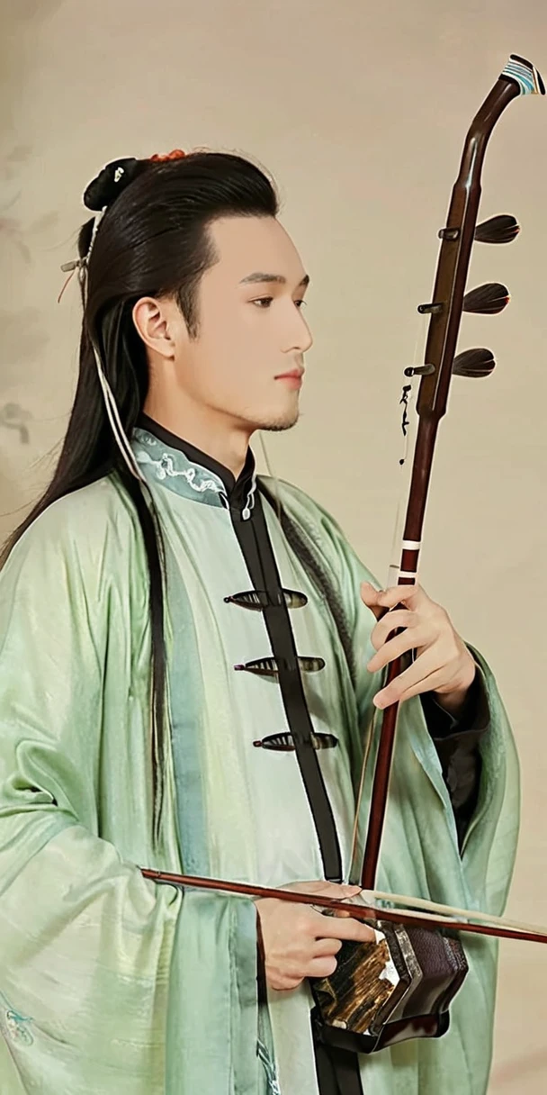 1man, young man, long hair, long hair to waist, western face, face detail, tall and thin, playing erhu,holding erhu, wearing hanfu, (((masterpiece,best quality))),((good structure,Good composition,good atomy)), ((clear, original,beautiful)),
