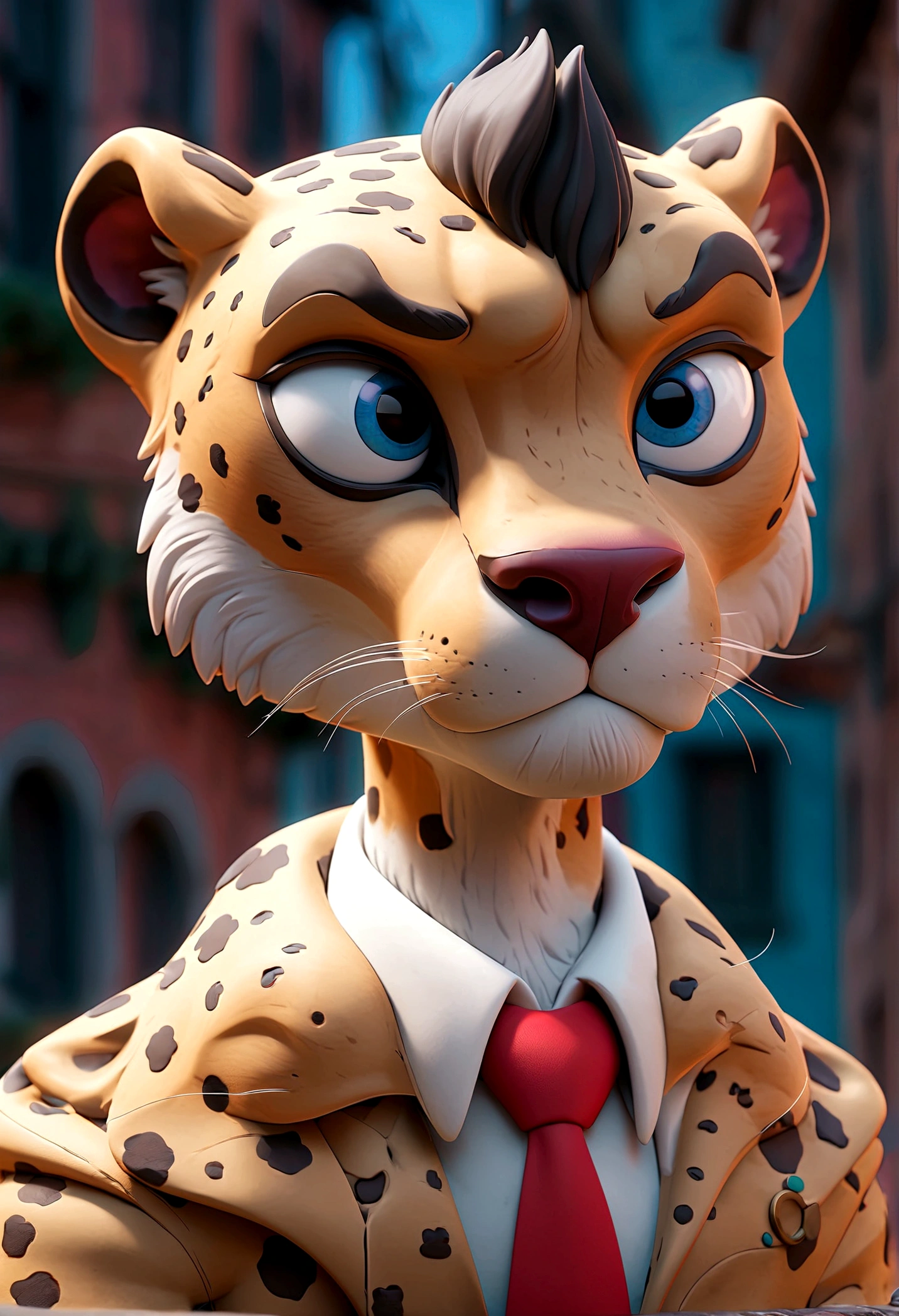 3D anime style, A cheetah man in a white jacket, blue eyes, Red tie, Italian town