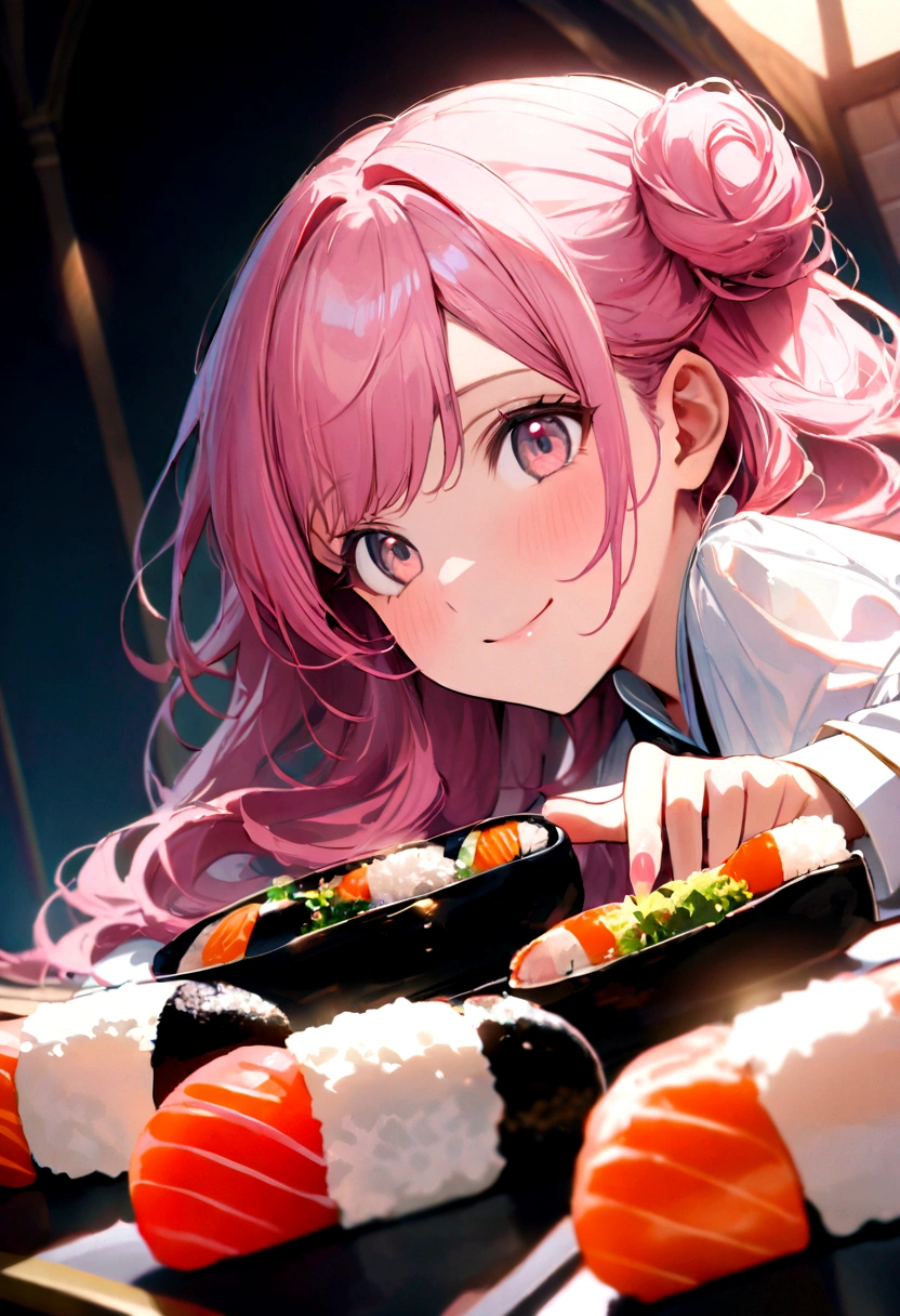 (((Luxurious and most luxurious sushi))),photograph, high quality、((masterpiece))、(((最high quality)))、((Super detailed))、 {Detailed and beautiful eyes}, finely,  Detailed and beautiful eyes,1 Girl, (alone:1.5),  (Hair Ribbon:0.4), Pink Eyes,Cinematic Angles,perspective,(((White bun hair))),(((Long pink hair))),smile、