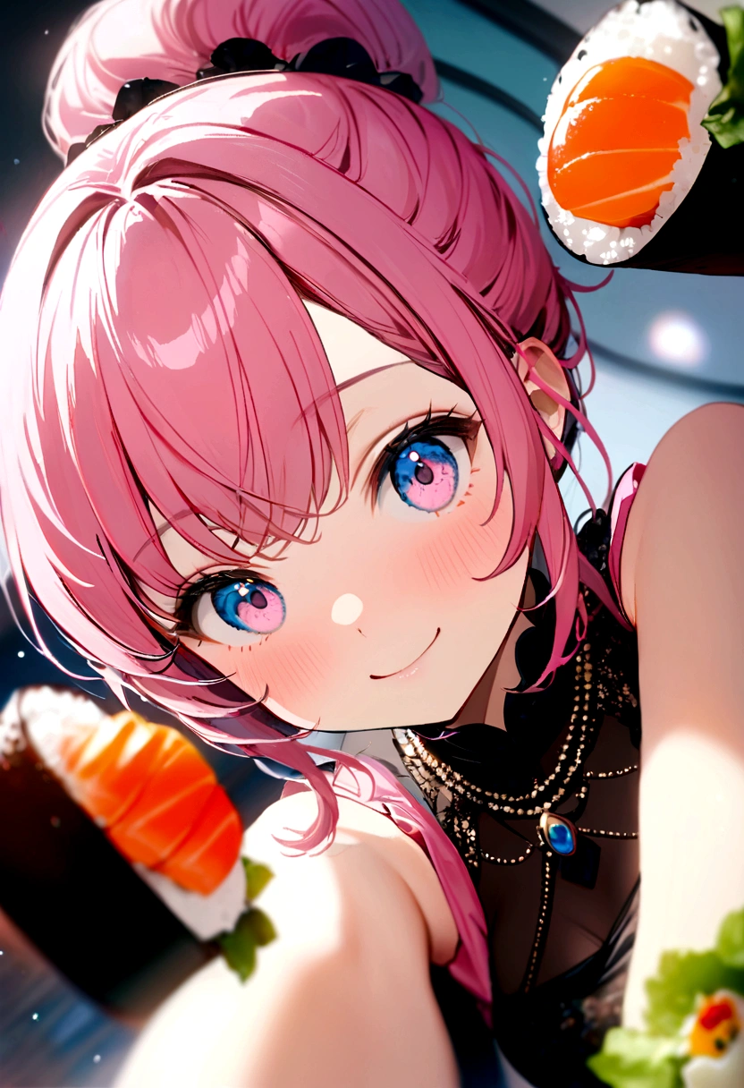(((Luxurious and most luxurious sushi))),photograph, high quality、((masterpiece))、(((最high quality)))、((Super detailed))、 {Detailed and beautiful eyes}, finely,  Detailed and beautiful eyes,1 Girl, (alone:1.5),  (Hair Ribbon:0.4), Pink Eyes,Cinematic Angles,perspective,(((White bun hair))),(((Long pink hair))),smile、