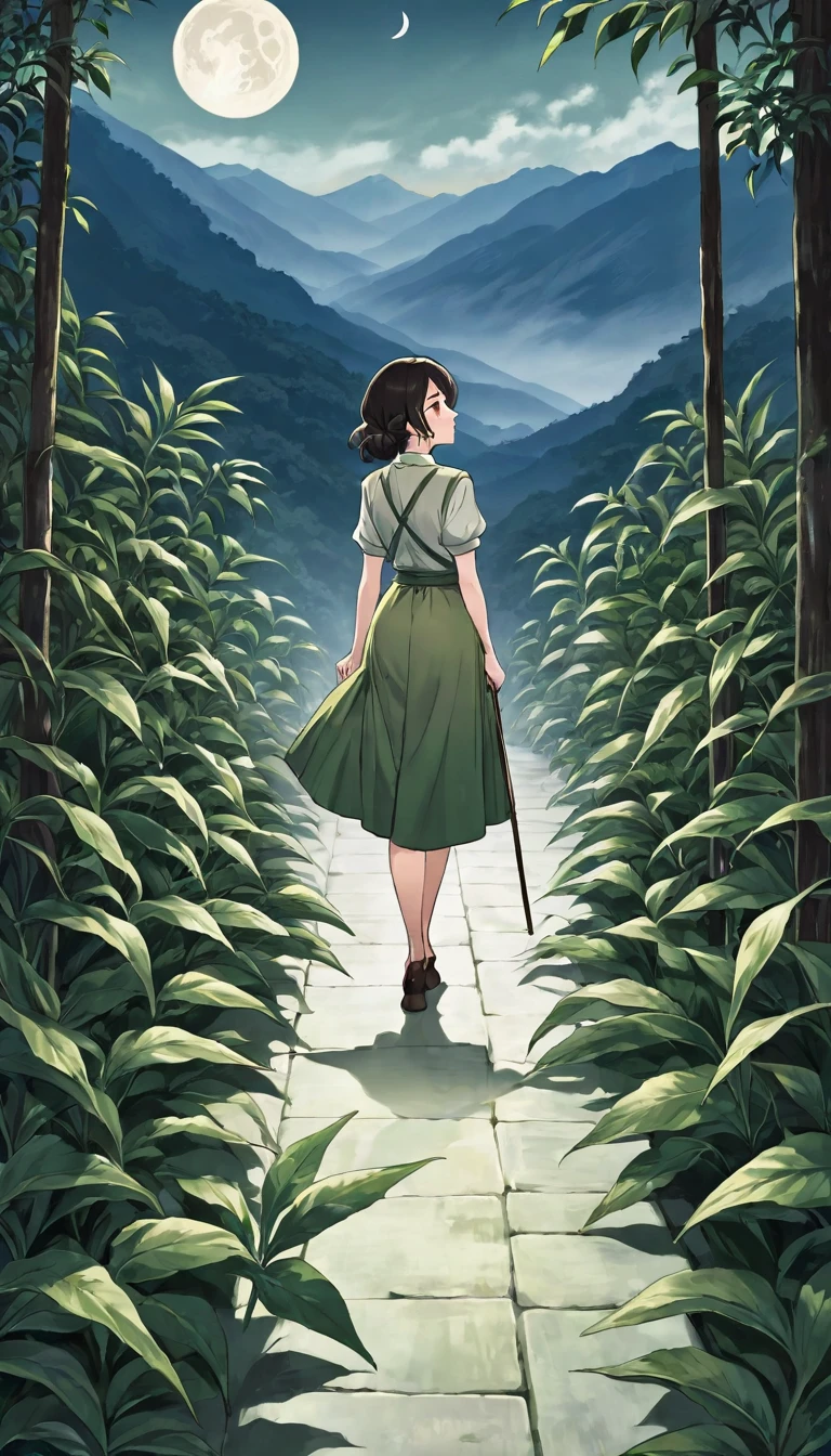 eight cups of liquor on the floor, a woman with her back turned with a cane leaves the scene, mountains, moon with eyes,