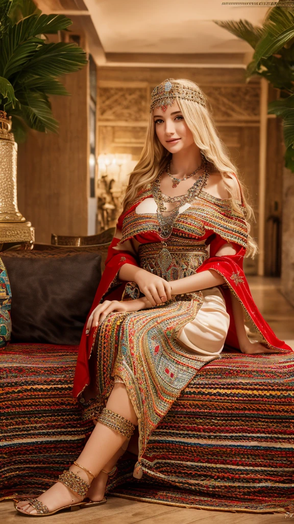 Most beautiful german blonde lady, wearing kabyle robe, kabyledress, amazigh, berber, kabyle outfit, bijoux, luxurious house background, realistic,4k, professional, red,