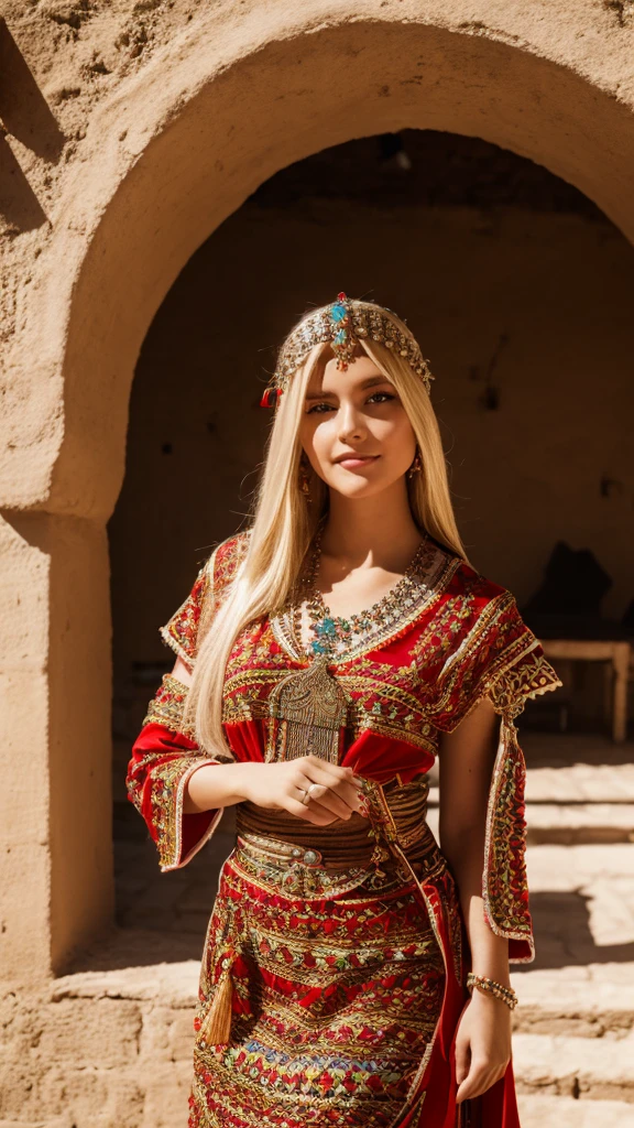 Most beautiful german blonde lady, wearing kabyle robe, kabyledress, amazigh, berber, kabyle outfit, bijoux, luxurious house background, realistic,4k, professional, red, 