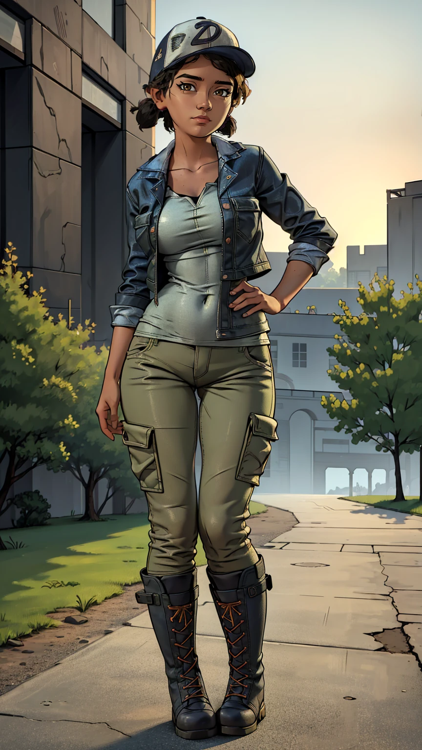 ((masterpiece, best quality)),(complex lighting) ,solo,(((1girl))) ,clementine, light skin,light-skinned female, baseball cap, green cargo pants, brown eyes, tight pants, combat boots, shirt, short hair, one short ponytail, open denim jacket, huge butt, thicc butt , (((8k))), (((full body))), (((bent over))), (((looking at the viewer))), (((view from in front of her))), big breasts