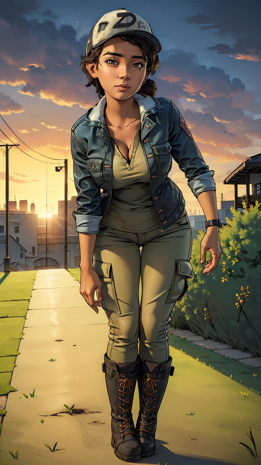 ((masterpiece, best quality)),(complex lighting) ,solo,(((1girl))) ,clementine, light skin,light-skinned female, baseball cap, green cargo pants, brown eyes, tight pants, combat boots, shirt, short hair, one short ponytail, open denim jacket, huge butt, thicc butt , (((8k))), (((full body))), (((bent over))), (((looking at the viewer))), (((view from in front of her))), big breasts