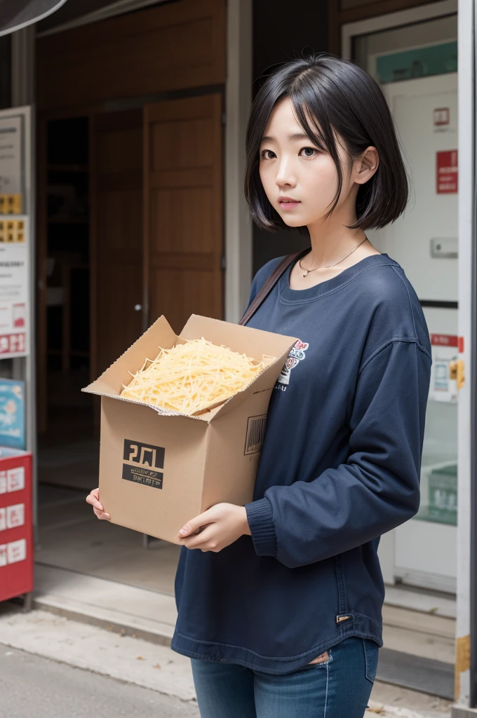 A ghost ((アニメ)) with a bad face, carrying a box of round cheese with both hands