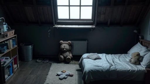 A dark basement with a small, dusty bed in the center and a teddy bear beside it, illuminated by moonlight coming through a small window.
