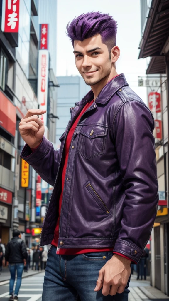 Bad boy, low angle, purple pompadour, red jacket and jeans, looking at camera, smiling, Tokyo city