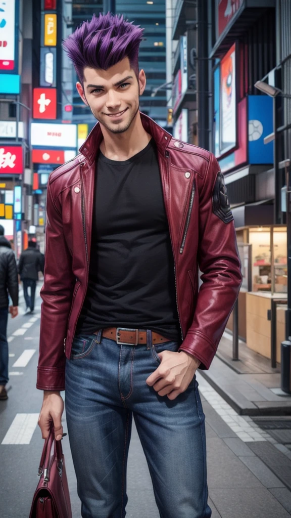 Bad boy, low angle, purple pompadour, red jacket and jeans, looking at camera, smiling, Tokyo city
