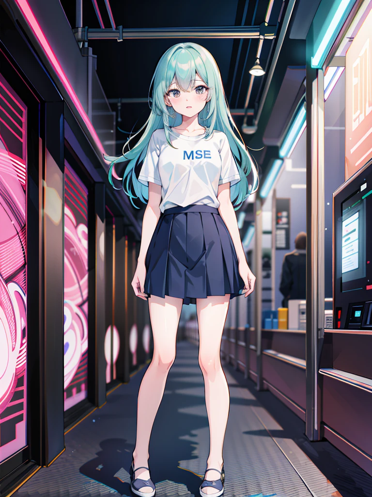 (masterpiece:1.2), best quality, highres, original, (extremely detailed:1.2), ultra-detailed, wallpaper, perfect lighting,(extremely detailed CG:1.2), 8k, anime illustration, 1boy, cross-dressing, femboy, long hair, light-blue hair, (cyberpunk fashion, short-sleeved T-shirt, knee-length skirt, lace hemline, delicate clothes:1.2),looking at viewer, frontal, futuristic city background, sci-fi city, (anatomically correct: 1.3)