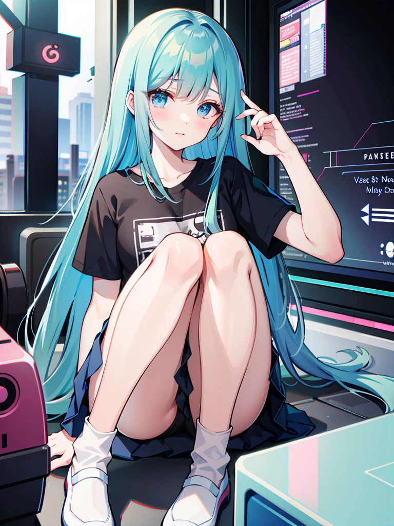 (masterpiece:1.2), best quality, highres, original, (extremely detailed:1.2), ultra-detailed, wallpaper, perfect lighting,(extremely detailed CG:1.2), 8k, anime illustration, 1boy, cross-dressing, femboy, long hair, light-blue hair, (cyberpunk fashion, short-sleeved T-shirt, knee-length skirt, lace hemline, delicate clothes:1.2),looking at viewer, frontal, futuristic city background, sci-fi city, (anatomically correct: 1.3)