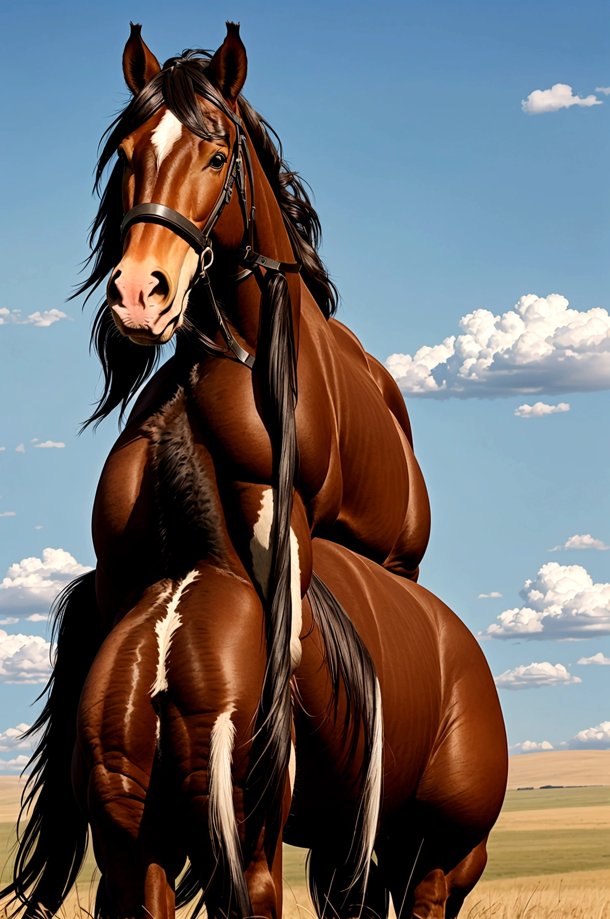 full side view of a big fat Clydesdale horse  mare with a massive bum and a very short tail. horse facing horizon . BBW very full figured very dark skinned BBW nude African woman riding horse. flat grass meadow. looking to horizon . a  single huge  pile of steaming horse dung on the ground behind horse.   cloudless blue sky. 