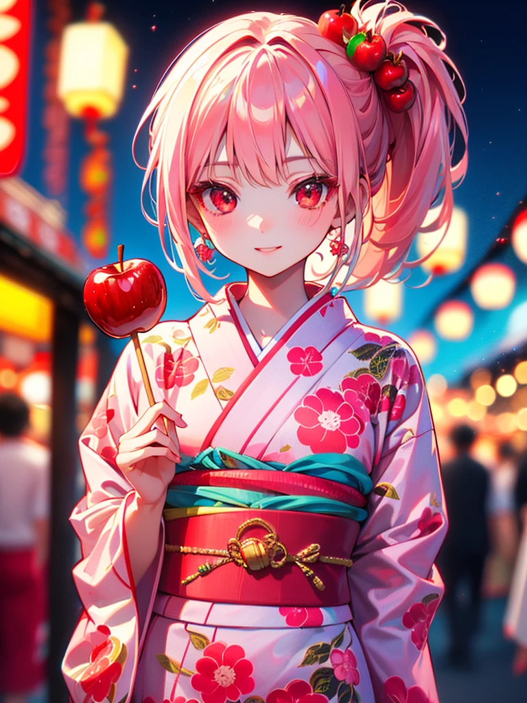 (masterpiece),(highest quality:1.2),((Perfect Anatomy)),(Perfect Fingers:1.3),(4k anime style),(1 girl),face focus,(Flat Chest),highest quality,pink ponytail hair,,Beautiful and detailed red eyes,pink yukata fashion,((apple candy)),((holding apple candy stuck on a stick)),pastel tones,soft cinematic lighting,Bokeh,summer festival night,Captivating smile