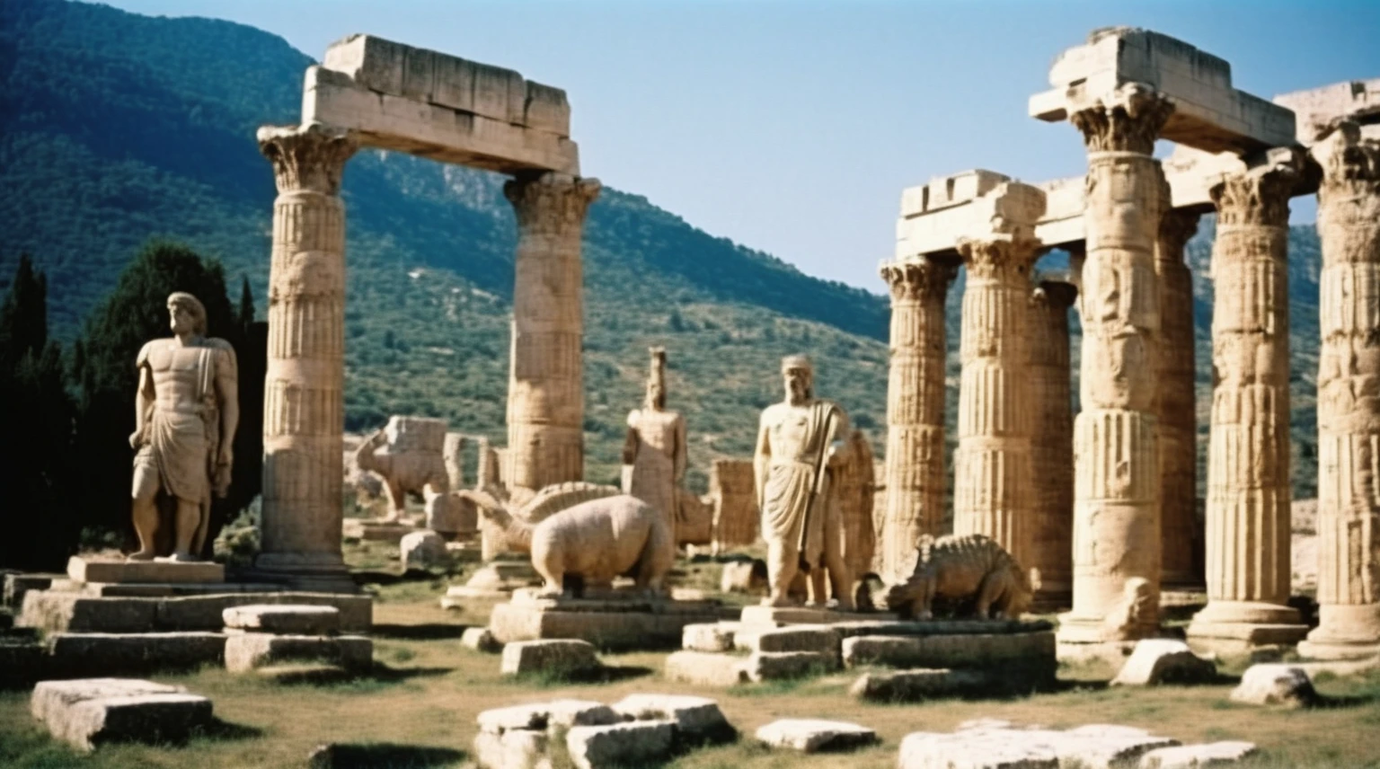 grainy old 35mm vintage, there is a large ancient roman city with dinosaurs and sculptures, Ancient Greece Olympus Zeus-god appearing in god-ray, vast scenery