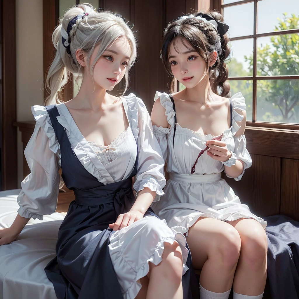 Medieval Europe、 Windy weather, ((Highest quality、masterpiece、8K、Best image quality、Ultra-high resolution、Award-winning works)、(Accurate anatomy:1.1)、(Look at me and smile:1.1)、Shining fair skin with Ultra-high resolution、The most detailed face、Ultra-high resolution detailed face、short, Flowing white hair 、Beautiful face drawn in every detail,British maid, Frills付きメイドヘッドバンド, ponytail, Braided hair, Frillsブラウス, Ribbon tie, apron, Long skirt, Puff sleeves, White silk ankle socks,Frills, Modest chest , A real cat next to a girl