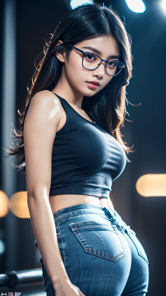 a cute young asian girl with dark skin, glasses, beautiful detailed eyes, beautiful detailed lips, extremely detailed face, long eyelashes, tight blue jeans, tight crop top, mid sized butt, high heels, looking at camera, detailed background, cinematic lighting, warm colors, photorealistic, 8k, high quality, digital art