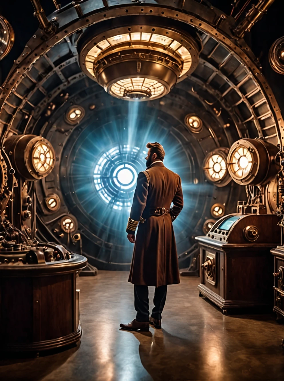 photo focus on male focus, indoors, realistic scenery, (captain nemo:1.1), retro-futuristic,  testing a laser , ray, beam,  steampunk nautilus-style. very wide shot, character photo landscape, film, professional, 4k