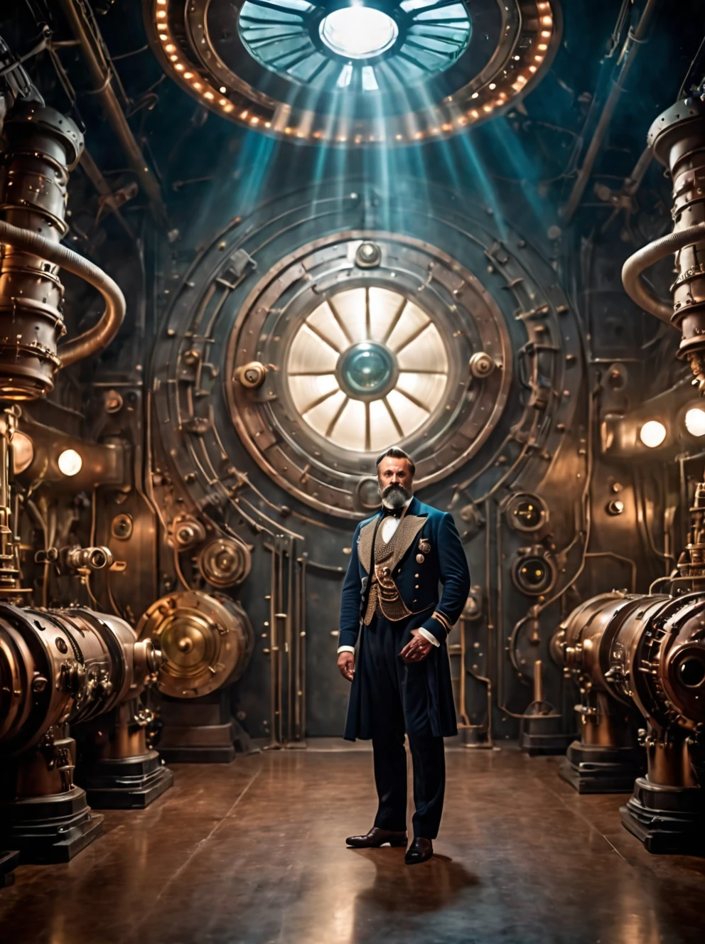 photo focus on male focus, indoors, realistic scenery, (captain nemo:1.1), retro-futuristic,  testing a laser , ray, beam,  steampunk nautilus-style. very wide shot, character photo landscape, film, professional, 4k